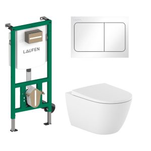 Sanitarni paket 4u1 Laufen Ineo s Air bijelom tipkom i Roca Ona visećom rimless WC školjkom sa soft-close daskom