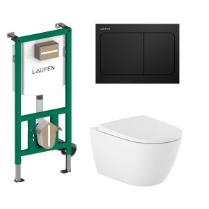Sanitarni paket 4u1 Laufen Ineo s Air mat crnom tipkom i Roca Ona visećom rimless WC školjkom sa soft-close daskom