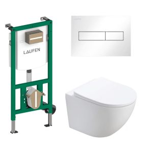 Sanitarni paket 4u1 Laufen Ineo s Horizon bijelom tipkom i Minotti Perla rimless visećom WC školjkom sa soft-close daskom