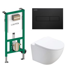 Sanitarni paket 4u1 Laufen Ineo s Horizon mat crnom tipkom i Minotti Perla rimless visećom WC školjkom sa soft-close daskom